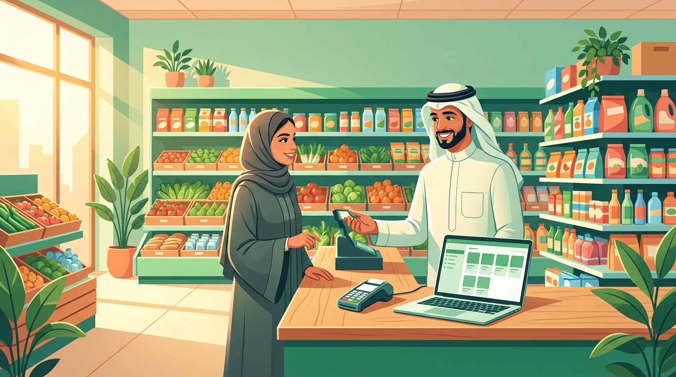 Illustration of a bright neighborhood shop with a checkout counter